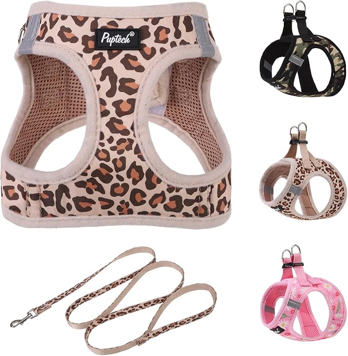 PUPTECK Dog Harness and Leash Set for Small Medium Dogs No Pull Step-in Soft Mesh Puppy Cat Vest Harnesses Reflective at Night, Brown Leopard Print, XS
