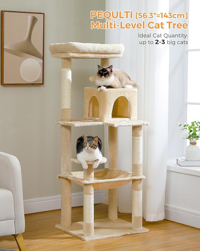 PEQULTI Cat Tree for Large Cats with Metal Frame Big Hammock, Cat Tower for Indoor Cats with 2 Door Condo House, [56.3"=143cm] Multi-Level Cat Shelves with Scratching Posts and Top Perch, Beige