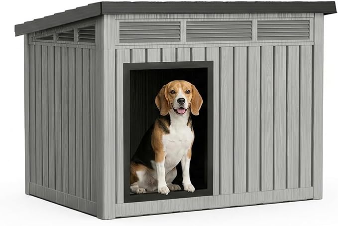 VIXZEN Dog House Outdoor, Indoor Dog House Medium Size Dog with Weatherproof PP Resin Material, Doghouse Outdoor with Openable Roof for Easy Cleaning, Sloped Roof, Air Vents, Easy Assembly (Gray)