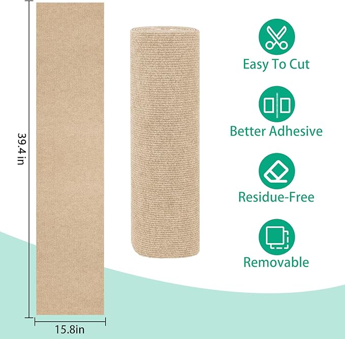 Trimmable Cat Scratcher Mat, 39.4"x15.8" Self-Adhesive Cat Scratching Carpet Pad Replacement for Tree Shelves, Steps and Posts, DIY Cat Scratch Couch Furniture Protector