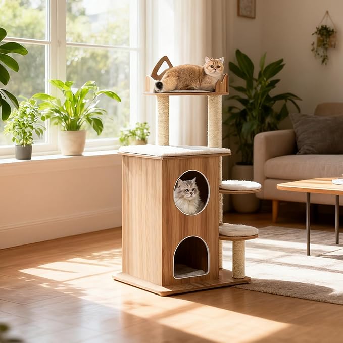 PETSITE 48-inch Wooden Cat Tree, Multi-Level Modern Cat Tower with Sisal Scratching Posts, Double-Layer Condo, Cute Top Perch, 3 Jumping Platforms with Washable Detachable Cushions