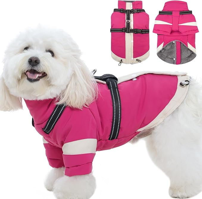 Turtleneck Dog Coat with Harness Built in - S,Soft Warm Lining | Adjustable Reflective Harness Coats for Small Dogs,Snow Day Water-Repellent,Windproof & Cold-Resistant Jacket (Rosered)