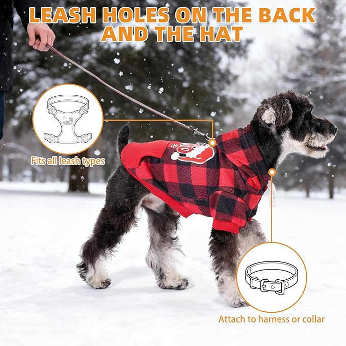KOOLTAIL Christmas Dog Hoodie, Red Plaid Pet Sweater, Hat Hooded Sweatshirt Dog Clothes for Small Medium Large Dogs Boys Girls, Soft Warm Winter Cold Weather Coat with Leash Hole&Pocket, Santa, S