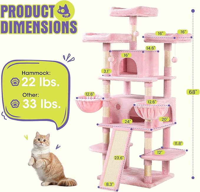 WEEWAY 68 Inches Multi-Level Large Cat Tree for Feline‌/Big Tower/Condo/Cozy Plush Kitty Perches/Fluffy Balls/Sisal Scratching Posts and Hammocks/Cave/Furniture Activity Center/Pink