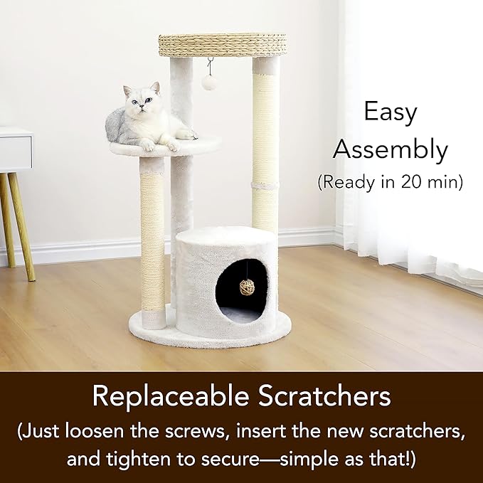 PetPals 4-Level Multi-Activity Cat Tree with Base Condo,Handwoven Paper Rope Top Nest Bed, Replaceable Sisal Scratching Posts,Teaser Toy (Cream and Beige)