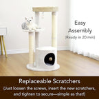 PetPals 4-Level Multi-Activity Cat Tree with Base Condo,Handwoven Paper Rope Top Nest Bed, Replaceable Sisal Scratching Posts,Teaser Toy (Cream and Beige)