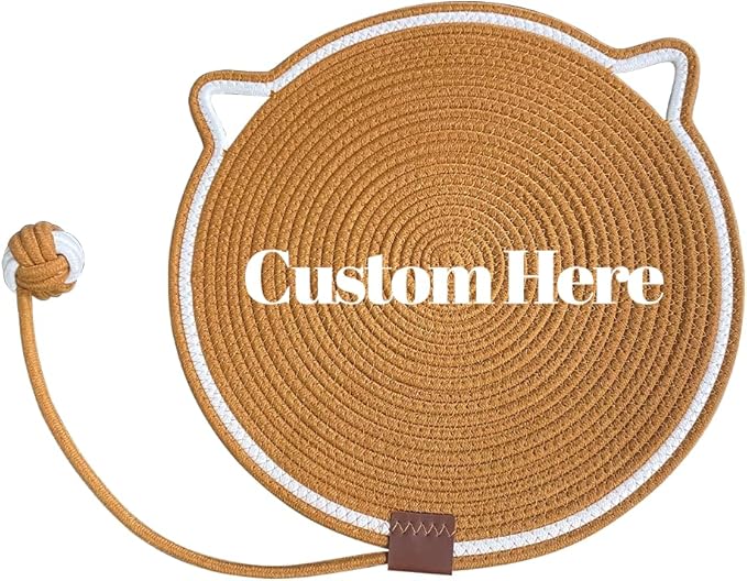 Personalized Cat Scratcher Mat, Customized with Name Text Natural Cotton Rope Round Horizontal Cat Scratching Pads with Ball Toy, Cat Furniture Protector for Wall, Couch, Carpets, Sofa (Brown)