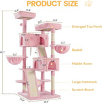 WEEWAY Cat Tree Tower for Indoor Cats,65'' Multi-Level Cat Furniture Activity Center,Stand House Condo Cave,Sisal Scratching Posts Ramps,Plush Perches Platforms Basket Hammock, Pink