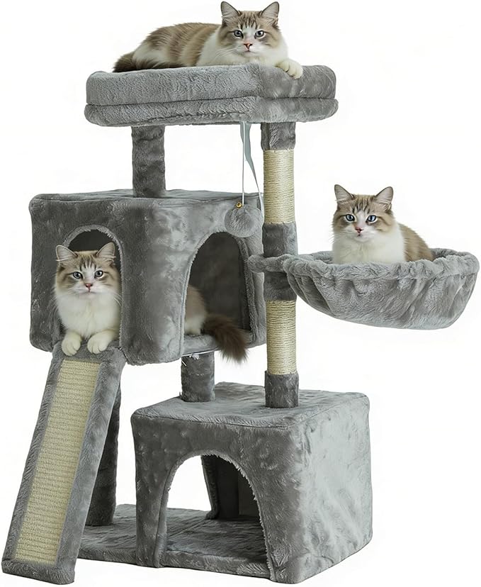35.8-inch Cat Tree with Double Cat Beds & Hammock, Plush Perch Scratcher with Comfort Sleep Platform and Toy Ball for Indoor Cats (Grey)