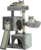 35.8-inch Cat Tree with Double Cat Beds & Hammock, Plush Perch Scratcher with Comfort Sleep Platform and Toy Ball for Indoor Cats (Grey)