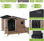GUTINNEEN Dog House Outdoor with Anti-Chewing Iron Frame, Weatherproof Dog Shelter with Large Porch and Sliding Window, Dog Crate for Small, Medium and Large Dogs Outside (Light Brown)