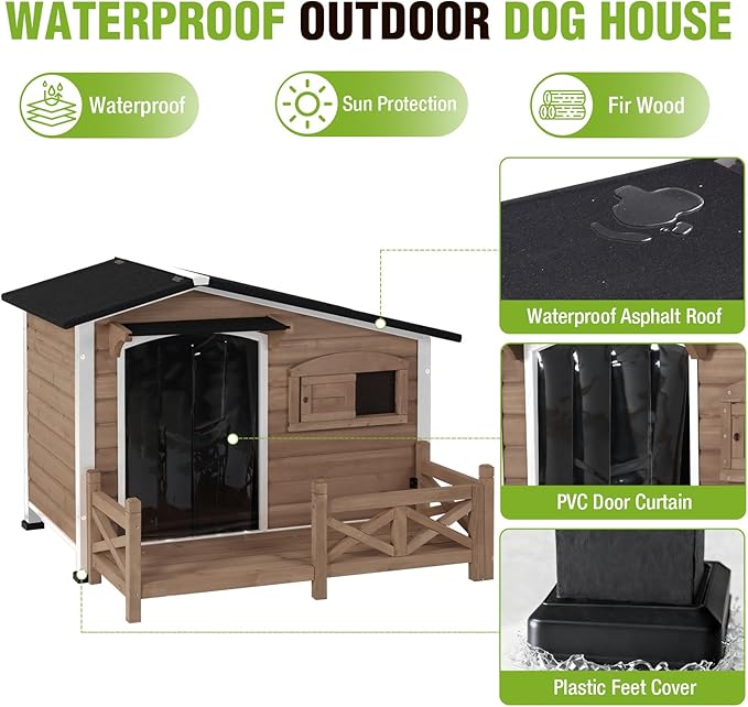 GUTINNEEN Dog House Outdoor with Anti-Chewing Iron Frame, Weatherproof Dog Shelter with Large Porch and Sliding Window, Dog Crate for Small, Medium and Large Dogs Outside (Light Brown)