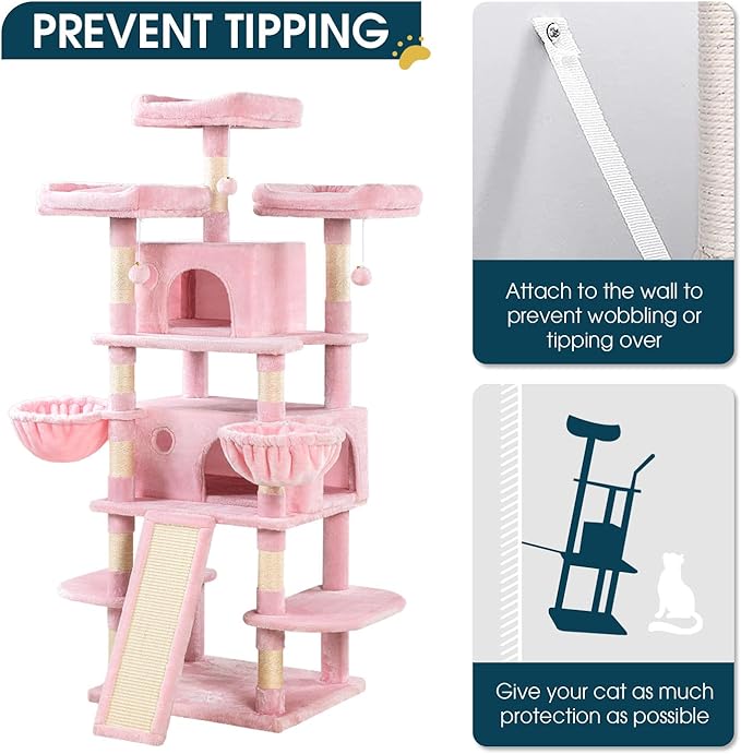 WEEWAY 68 Inches Multi-Level Large Cat Tree for Feline‌/Big Tower/Condo/Cozy Plush Kitty Perches/Fluffy Balls/Sisal Scratching Posts and Hammocks/Cave/Furniture Activity Center/Pink