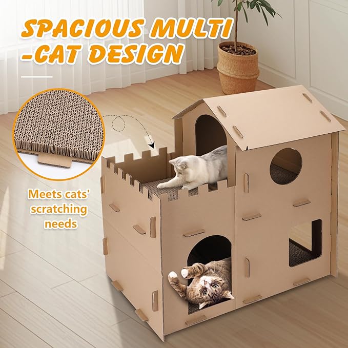 Cardboard Cat House for Indoor Cats, Multi-Level Scratcher Condo with Corrugated Scratch Pads, Hideout Bed for Large Cats, Rabbits, Small Pets, 20.6x13.3x19.8 inches