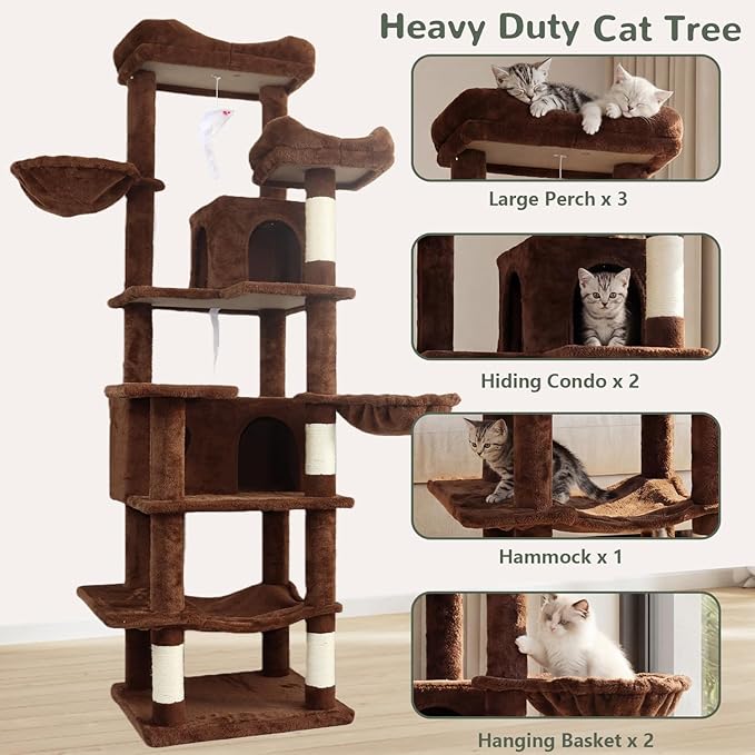 68 Inches Multi-Level Large and Tall Cat Tree Tower for Indoor Cats/Removable Pad/Cat Condo/Sisal Scratching Posts/Hammock/Cat Activity Center/Wide Base
