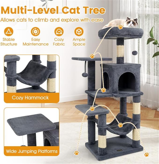 SUBARASHII 44" Multi-Level Cat Tree with Spacious Top Perch, 2-Door Condo & Hammock for Indoor Cats -Gray