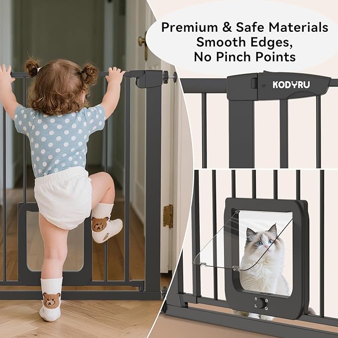 30 Inch Tall Dog Gate with Cat Door, Adjustable Width (29.7-45.2 Inches) for Doorways, Hallways & Stairs, Pressure-Mounted Walk-Through Dog Gate with Auto-Close & Double Lock Safety（Black）