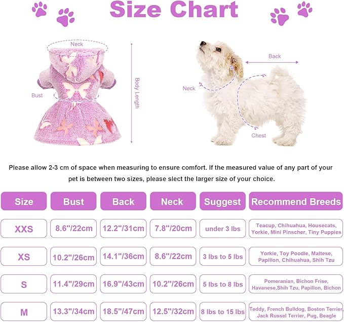 Dog Sweaters for Small Dogs Girl Night Glow Dog Hoodie Warm Fleece Doggie Sweatshirt Cute Puppy Dress Winter Pet Sweaters Doggy Clothes Outfit Apparel for Chihuahua Yorkie, Purple Butterfly,XS