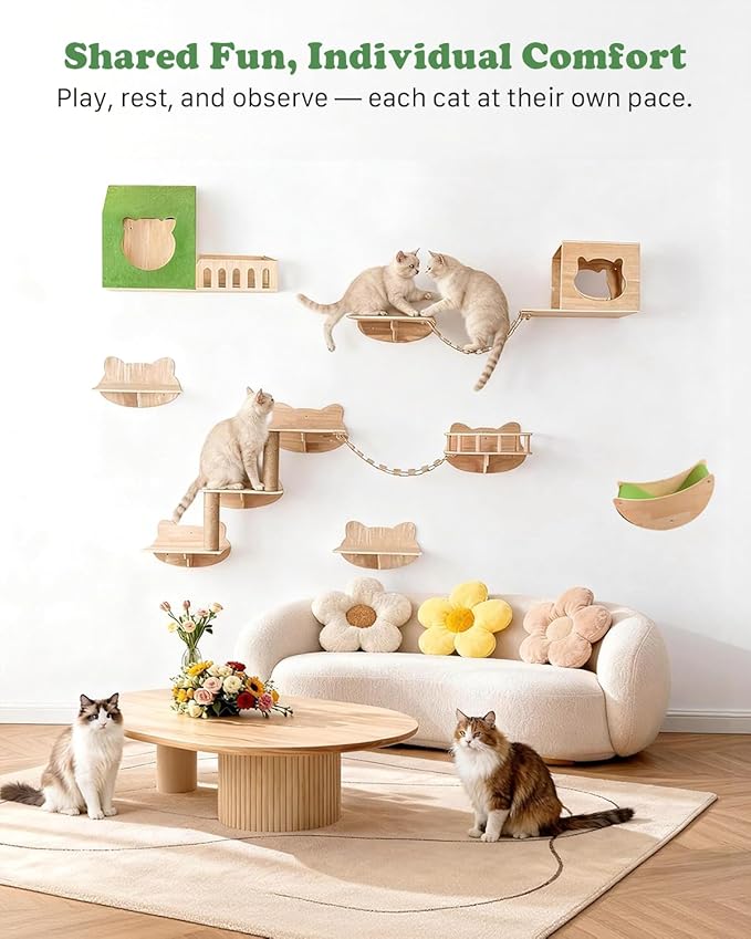 Cat Wall Shelves, 16 in 1 Cat Wall Furniture with Green Wall House, Bridge, Steps, Climbing Post & Scratching Pad Modular Wall Mounted Cat Playground for Large Spaces & Multi-Cat Homes