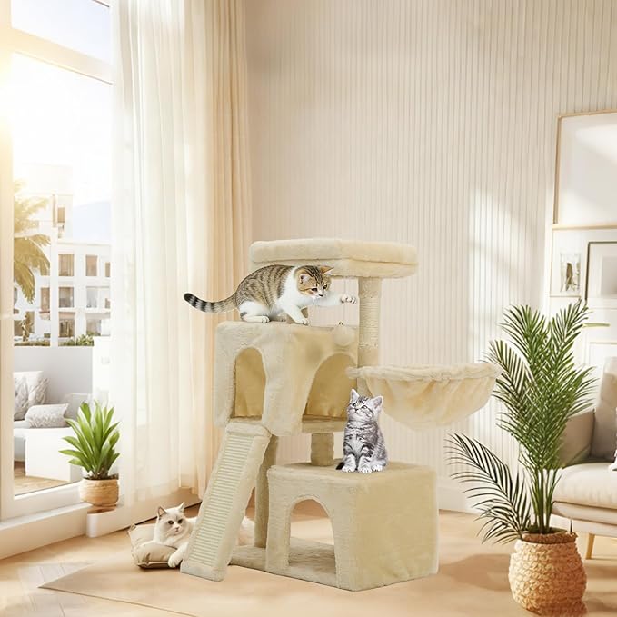 35.8-inch Cat Tree with Double Cat Beds & Hammock, Plush Perch Scratcher with Comfort Sleep Platform and Toy Ball for Indoor Cats (Beige)