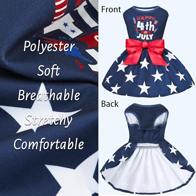 XPUDAC 4th of July Dog Dress Patriotic Clothes Stars Skirt with Bow Independence Day Doggie Outfit Pet Holiday Apparel for Small Dog Girl Cat, XXS