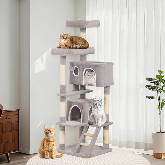 Cat Tree Tower 60inch - Multi-Level Indoor Activity Center with Sisal Scratching Posts, Condo, Plush Perch & Hanging Toys for Large Cats (Light Gray)