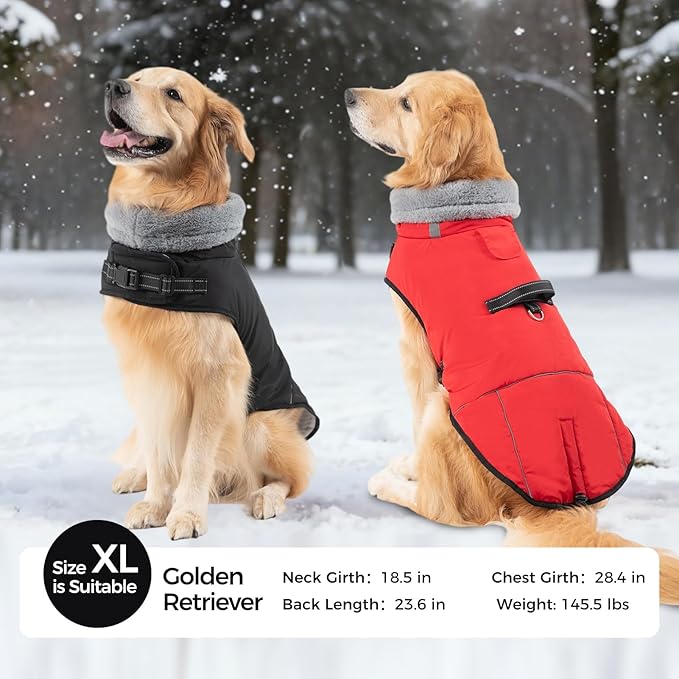 Mihachi Dog Coat for Large Dogs, Warm Dog Winter Coat Waterproof Dogs Jacket with Harness Built in Reflective Pet Fleece Vest, Puppy Cold Weather Coats Turtleneck & Windproof Pet Snowsuit, Red L