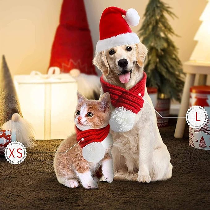 Inscape Data Christmas Dog Santa Hat with Adjustable Scarf, Red Knit Scarf with White Pompom Ball, Dog Winter Neck Warmer, Christmas Party Dressup