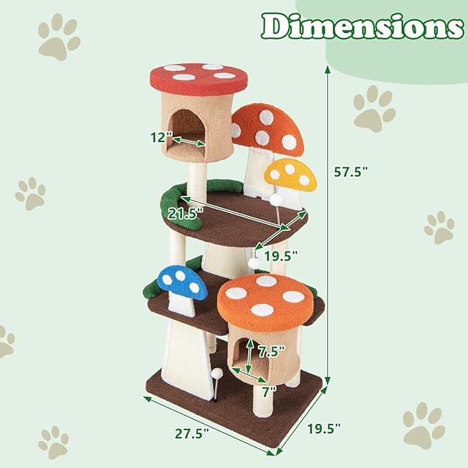 Mushroom Cat Tree, Multi-Layer Cat Tower with 2 Condos & Platforms, Cat Activity Center with Full-Wrapped Sisal Posts, Sisal Scratching Boards & Interactive Balls for Indoors (57.5")