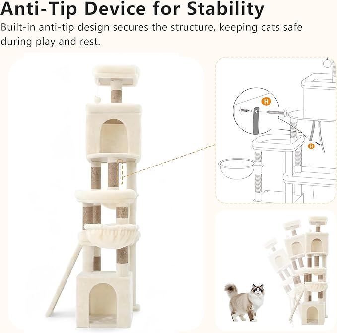 Heybly Cat Tree, 72.4-Inch Anti-Tip Cat Tower for Large Cats, All-in-One Cat Furniture with Spacious Perches, Multiple Interactive Areas, Extra-Large Sisal Scratching Board, Beige HCT060M