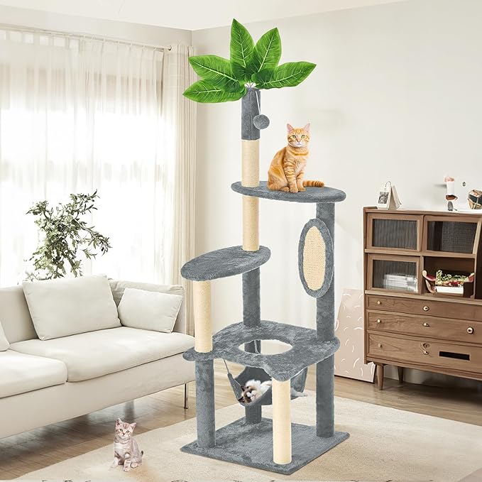 61" Large Cat Tree Tower for Indoor Cats with DIY Green Leaves Scratching Post Multi Soft Hang Ball Plush Cat House Furniture 360° Rotating Cat Scratch Board with Hammock, Square Grey