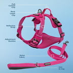 Voyager Dog Harness Dual Leash Attachment No-Pull Control Adjustable Soft but Strong Pet Harness for Medium and Large Dogs with 3M Reflective Technology, Leash Set Fuchsia Nylon, S (Chest: 16-20")