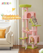 Pink 71" Tall Cat Tree for Large Cat 20 lbs with Super Large Hammock, Heavy Duty Cat Tower with 4 Sisal Scratching Posts & 2 Spacious Condos for Big Adult Cats Maine Coon -Green