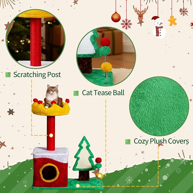 Christmas Decorations, Christmas Cat Tree with Crown Perch, 29.5in Festive Cat Tower with Sisal Scratching Ramp & Hanging Toys, Small Holiday Cat Condo for Indoor Cats, Christmas Decor for Pet