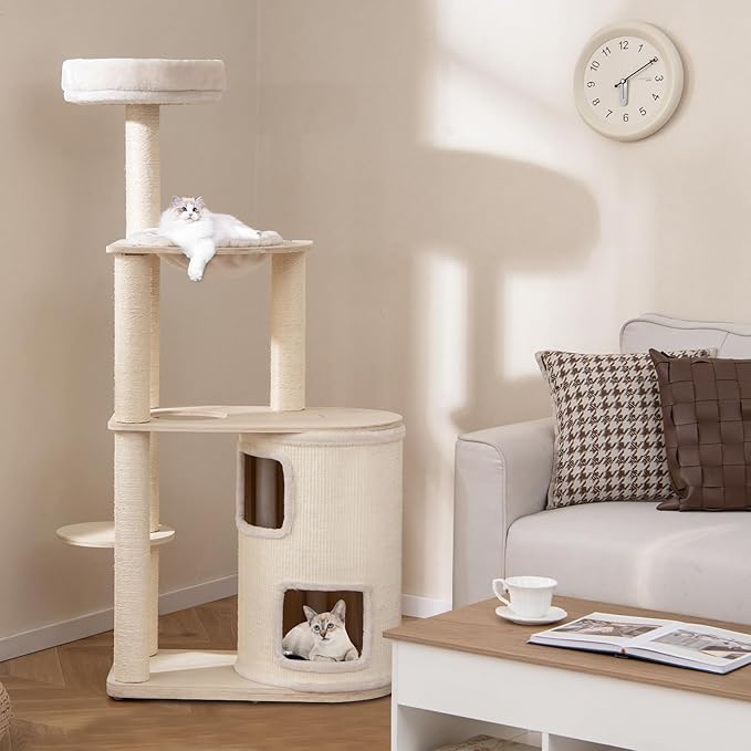 PETSITE 60 Inch Modern Tall Cat Tree for Indoor Cats, Wooden Cat Tree Tower with 2-Story Condo, Sisal Scratching Posts and Board, Top Perch, and Round Napping Bed, Soft Washable Cushions Covered