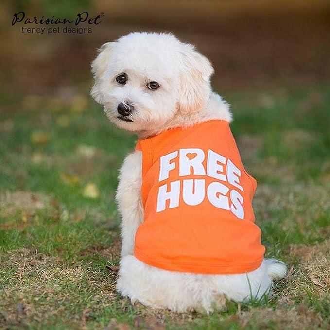 Parisian Pet Dog Shirt – 100% Cotton Free Hugs Shirts for Large Dogs – Sleeveless Puppy Clothes – Lightweight and Breathable Orange Dog Clothes – Summer Pet Apparel - Stretchable Tshirts for Dogs