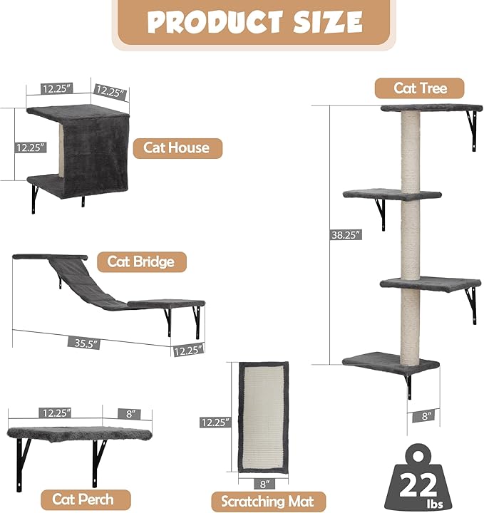 5 Pcs Wooden Indoor Cat Climber - Wall-Mounted Shelves, Perches, Scratching Board, Cat Ladder & Cat Tree - Grey