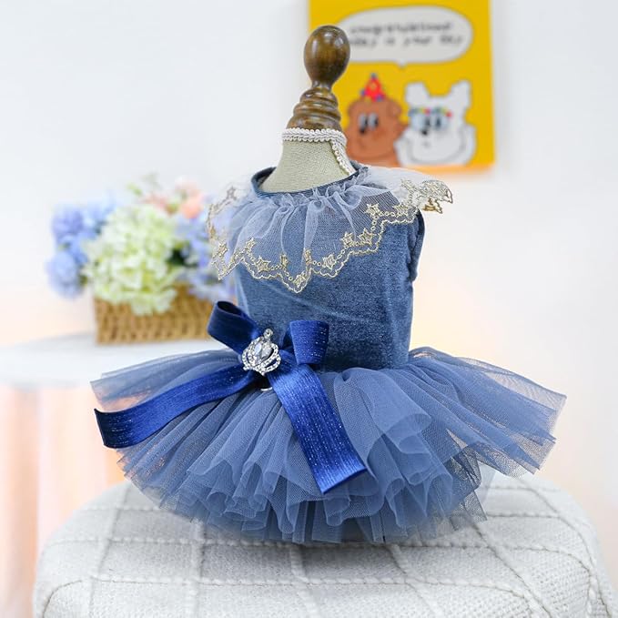 Fashion Sweet Puppy Dog Blingbling Princess Skirt Pet Dog Lace Cake Camisole Tutu Dress D-Navy M