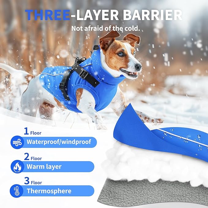 Dog Winter Coat Reflective Water-Resistant Jacket, Fleece Lined Windproof Puppy Coat with Back Zipper & D-Ring, Cold Weather Dog Coats for Small Medium Dogs (L, Blue)