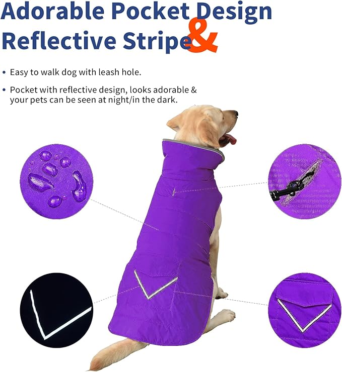 Dog Coat, Waterproof Dog Winter Jacket with Pocket, Reflective Adjustable Pet Snow Vest, Warm Cozy Fleece Sweater for Small Medium Extra Large Dogs - Purple, 3XL