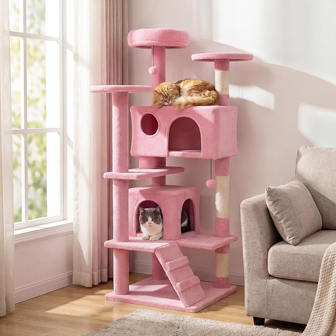 PETSITE 52-inch Cat Tree, Multi-Level Cat Tower with Sisal Scratching Posts, 2 Comfy Condos, Plush Padded Soft Top Perch, Dangling Balls, and Climbing Ladder, Ideal for Indoor Cats (Pink)