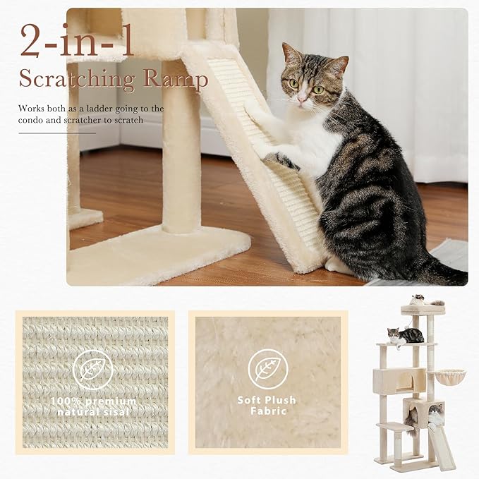 PEQULTI 60'' Cat Tree, Tall Cat Tower with 2 Large Condos, Wide Top Perch, Cozy Hammock and Sisal Scratching Posts for Indoor Cats Lare Adult Beige