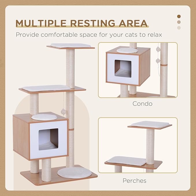 PawHut 47” Modern Cat Tree Multi-Level Scratching Post with Cube Cave Enclosure - Oak Wood and White