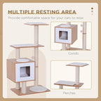 PawHut 47” Modern Cat Tree Multi-Level Scratching Post with Cube Cave Enclosure - Oak Wood and White