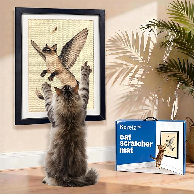 Wall Art Cat Scratcher Mat - Sisal Vertical Cat Scratch Pad with Photo Frame Design, No-Drill Wall-Mounted, 16"x12" Wall & Couch Cat Scratching Mat, 1 Extra Mat Included Free (Winged Cat)