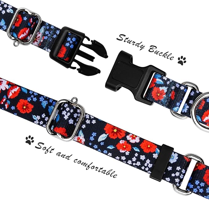 Hikiko Martingale Collar for Dogs Cute Floral Dog Collar for Small Medium Large Dogs Soft Nylon Flower Dog Collars (Plum Blossom,Large)
