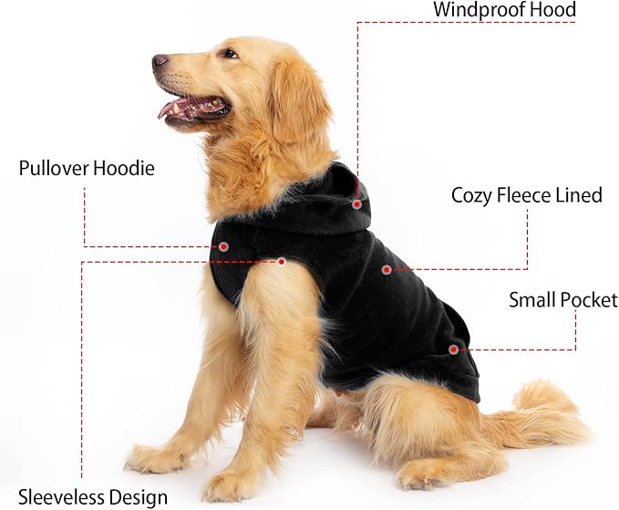 EXPAWLORER Dog Hoodie Fleece Sweater Vest, Hooded Dog Sweatshirt Fall Winter Pet Clothes with Leash Hole, Sleeveless Warm Cozy Puppy Clothing for Cat Small Medium Large Dogs Girl Boy, Black XL