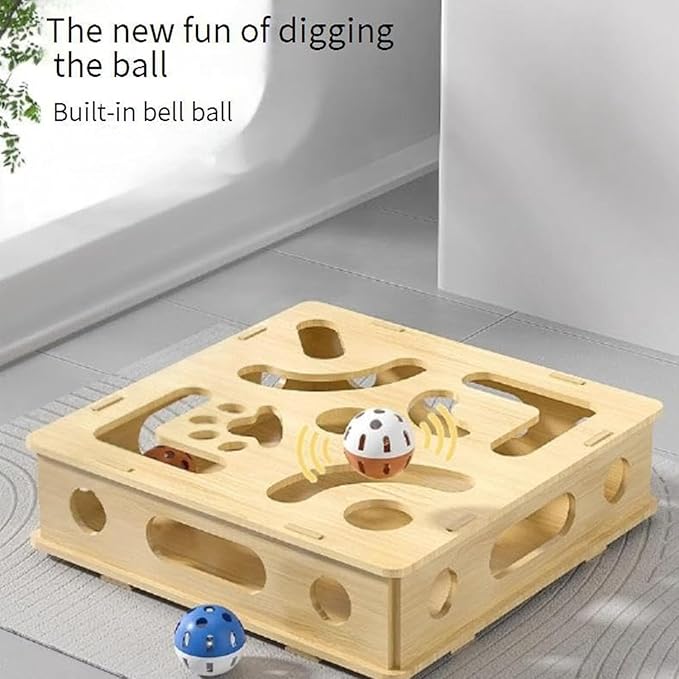 Cat Scratch Puzzle Enrichment Box, Nail File Stress Free Alternative to Clippers and Grinders, with 6 Bell Balls and Cats Funny Stick, Cat Nail File Enrichment Box for Cats (Beige_with Springs)