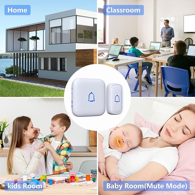 Wireless Doorbell IP66 Waterproof 1000 Feet with 66 Chimes 115dB 7 volume levels Mute Mode with LED Flash Doorbell Ringer Wireless for Kids Room Teachers Classroom Home Office & Hearing-Impaired