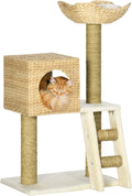 PawHut Cattail Weave Cat Tree for Indoor Cats Kitty Tower with Rattan Cat Condo, Wicker Bed, Ladder, Washable Cushions, 22.5" x 14.5" x 39.5", Natural